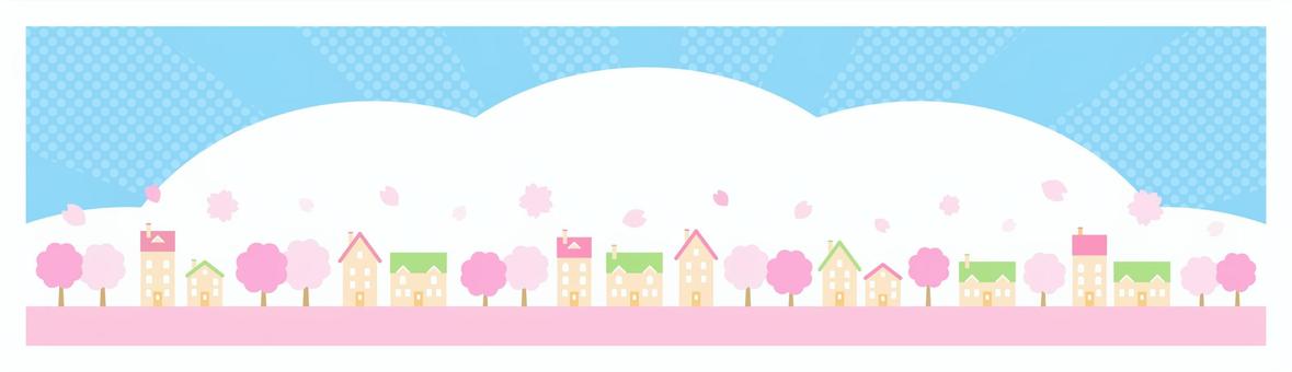桜の花と春の街並みのバナー背景 桜,春,街並み,花,空,雲,かわいい,おしゃれ,コピースペース,背景のイラスト素材
