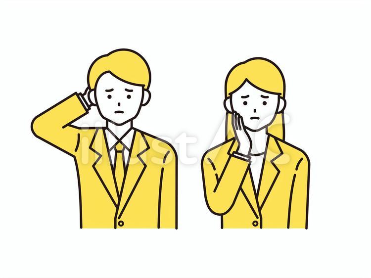 迷っているスーツ姿の男女(黄色) 迷っているスーツ姿の男女(黄色) ビジネス,悩み,困るのイラスト素材
