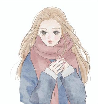 マフラーを巻く女性　冬コーデ 女性,女の子,きれい,可愛い,大人女子,大人可愛い,冬,冬コーデ,ウィンターファッション,マフラーのイラスト素材
