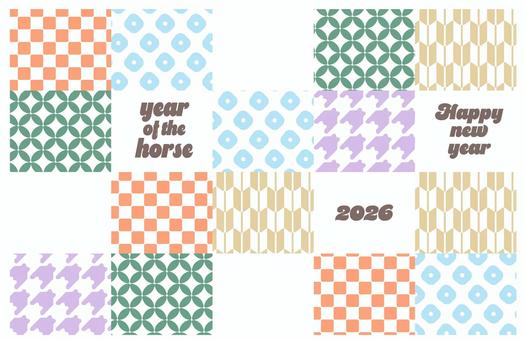 2026年年賀状　和柄デザイン素材　3 年賀状,お正月,午,冬,午年,馬,2026年,干支,年賀はがき,謹賀新年のイラスト素材