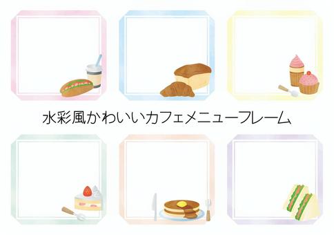 水彩風かわいいカフェメニューフレーム-2 カフェ,メニュー,ドリンク,サンドイッチ,パン,クロワッサン,ソフトクリーム,蒸しパン,ショートケーキ,パンケーキのイラスト素材