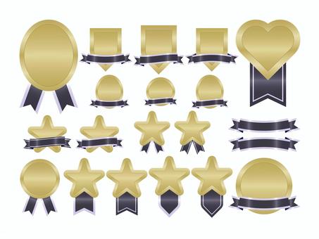 いろいろセット墨白2 あしらい,フレーム,メダル,リボン,レトロ,シルエット,かわいい,見出し,飾り,デザインのイラスト素材