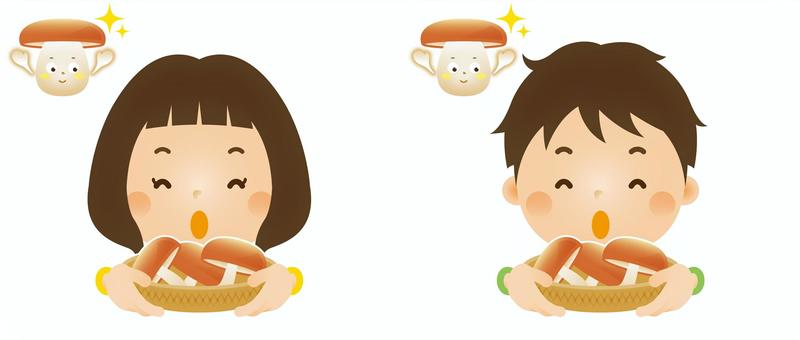 子どもと秋16 きのこ,きのこ狩り,収穫,かご,秋,子ども,人物,男の子,女の子,小学校のイラスト素材