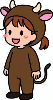 茶色の牛コスの女の子です。 牛,コスプレ,シンプル,コスチューム,着ぐるみ,角,耳,しっぽ,動物,キャラクターのイラスト素材