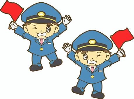 赤い旗を振る鉄道員 駅員,車掌,運転士,運転手,鉄道員,乗務員,鉄道,新幹線,路面電車,地下鉄のイラスト素材
