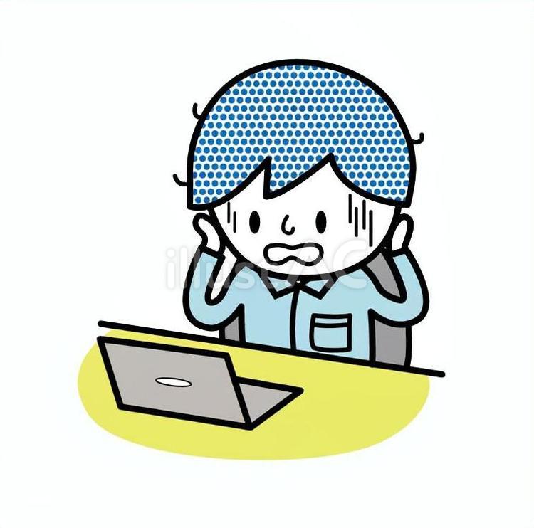 パソコンを見て青ざめている作業服の男性 パソコン,男性,仕事のイラスト素材