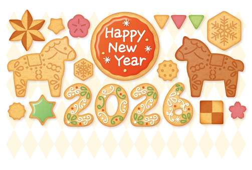 クッキー年賀状（横） 年賀状,ハガキ,クッキー,ビスケット,馬,干支,2026,年号,数字,雪のイラスト素材