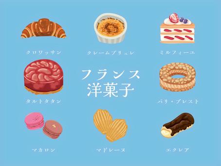 フランス洋菓子セット セット,フランス菓子,クロワッサン,クレームブリュレ,ミルフィーユ,タルトタタン,パリ・ブレスト,マカロン,マドレーヌ,エクレアのイラスト素材
