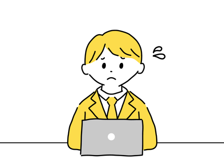 パソコンで困るビジネスマン パソコン,ノートパソコン,pc,困る,失敗,汗,ビジネスマン,スーツ,サラリーマン,会社員のイラスト素材