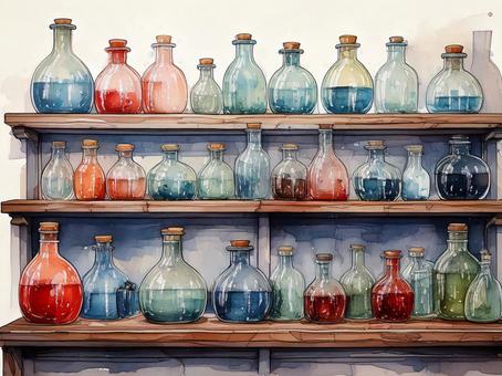水彩風の戸棚に入った瓶
