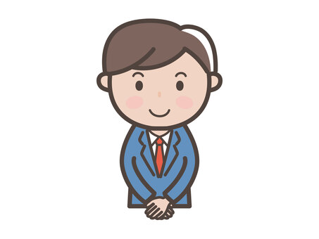 前で手を重ねる男性会社員のイラスト 男性,スーツ,挨拶,接客,笑顔,かわいい,ビジネスマン,会社員,若い,歓迎のイラスト素材