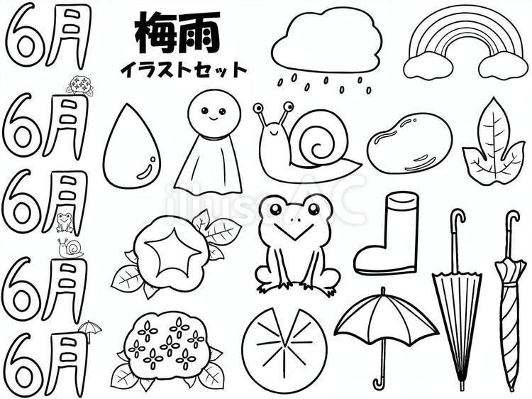 線画の梅雨のイラストセット 梅雨,セット,6月のイラスト素材
