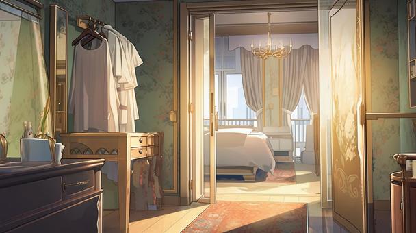 Illustration, anime, hotel, room, 