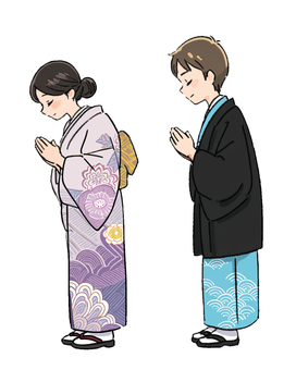 神社参拝の着物の男女 セット,女性,人物,男性,人物セット,着物,神社,参拝,礼,お辞儀のイラスト素材