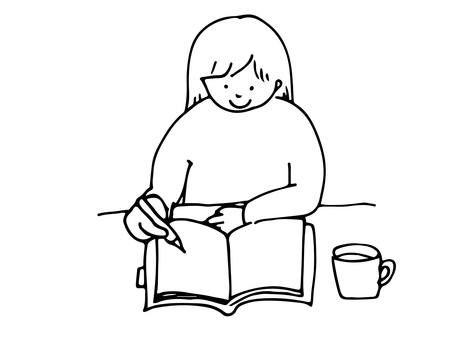 手帳時間 手帳,ジャーナリング,線画,書く,ダイアリー,勉強,手帳時間,女子,女の子,人物のイラスト素材