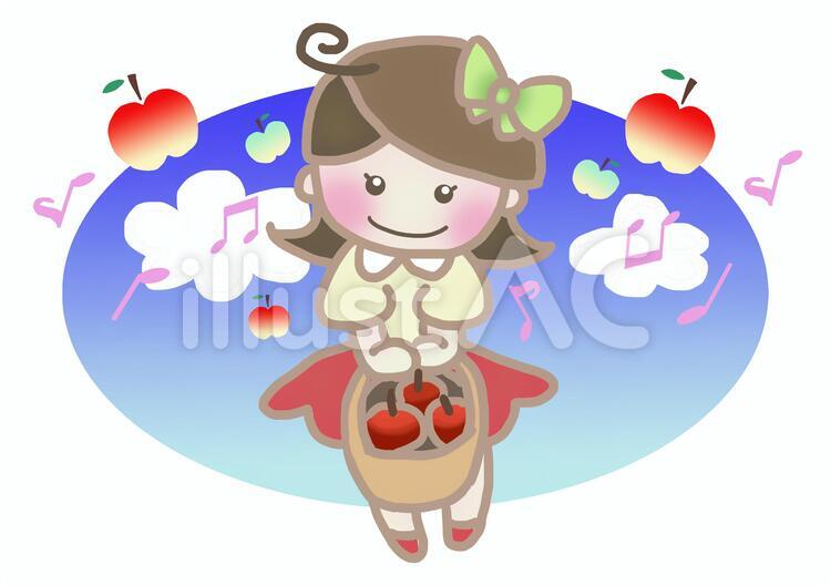 りんごと女の子　その２ 秋,リンゴ狩り,収穫のイラスト素材