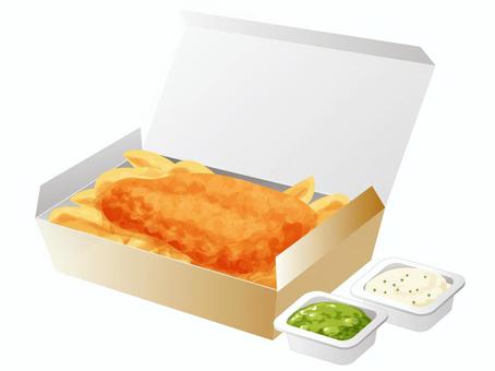 フィッシュアンドチップス（箱） フィッシュアンドチップス,イギリス料理,揚げ物,料理,食べ物,白身魚フライ,フライドポテト,白身魚,グリンピースソース,タルタルソースのイラスト素材