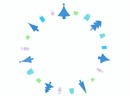 クリスマスツリーとギフトのフレーム2　青 クリスマス,冬,フレーム,クリスマスツリー,背景,星,キラキラ,テクスチャ,手描き,杉のイラスト素材