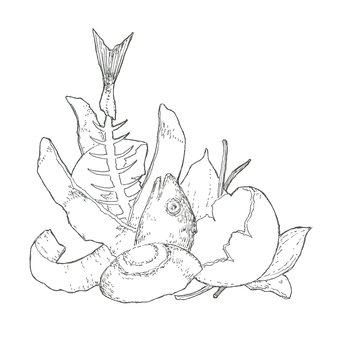 生ごみをイメージした手描きイラスト 生ゴミ,魚,卵,野菜,殻,皮,手描き,リアル,モノクロ,挿絵のイラスト素材