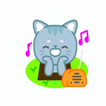 イラスト0134 ねこ,キャット,動物,かわいい,ラジオ,音楽,おんがく,休憩,リラックス,音符のイラスト素材