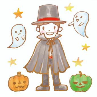 秋イラスト149 男の子,人物,子供,吸血鬼,ヴァンパイア,ハロウィン,10月,秋,かわいい,水彩のイラスト素材