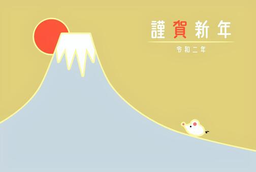 2020年用日の出と富士山と鼠の年賀状 年賀状,子年,干支,十二支,ねずみ,富士山,日の出,金色,水色,赤のイラスト素材