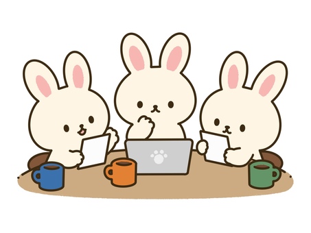 会議をする可愛いうさぎたち うさぎ,会議,パソコン,資料,仕事,動物,かわいい,おしゃれ,ワンポイント,アイコンのイラスト素材