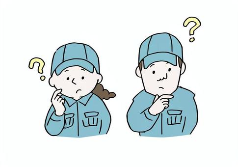 ハテナマークが浮かぶ作業服の男女 ハテナマークが浮かぶ作業服の男女 人物,若い,男性,女性,工場,物流,倉庫,作業着,作業員,帽子のイラスト素材