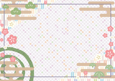 新春チラシ背景-32 背景,和柄,フレーム,雲,霞,霞文様,梅,矢絣,鹿の子,松のイラスト素材