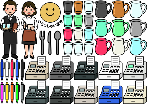 接客スタッフのアイテムです。 接客,シンプル,ペン,コップ,ナイフ,フォーク,スプーン,レジ,スタッフ,ピッチャーのイラスト素材