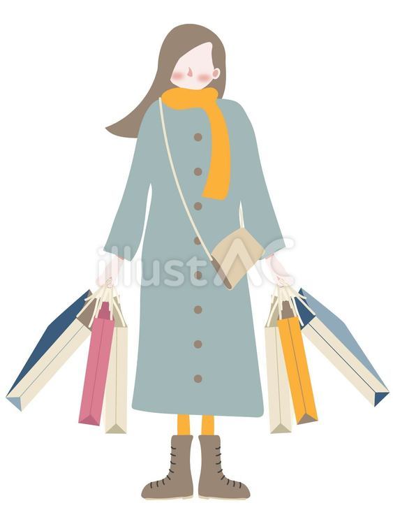 たくさん買い物をした冬ファッションの女性 買い物,バーゲン,ショッピングのイラスト素材