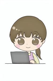 パソコンを使っている女性のイラスト 女性,主婦,学生,ネットサーフィン,テレワーク,インターネット,リモートワークのイラスト素材