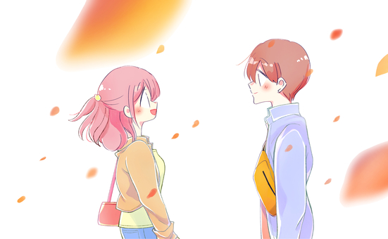 向かい合う秋の男女 紅葉 向かい合う秋の男女 紅葉 カップル,デート,落ち葉,紅葉,秋,舞い散る,男女,爽やか,お出かけ,美しいのイラスト素材