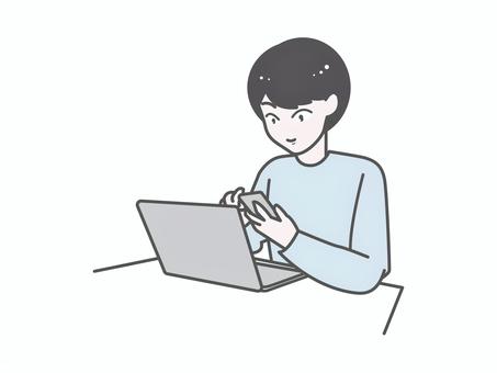 在宅PC作業男性｜スマホ確認 男性,pc,仕事,在宅,テレワーク,ビジネス,確認,検索,連絡,スマホのイラスト素材