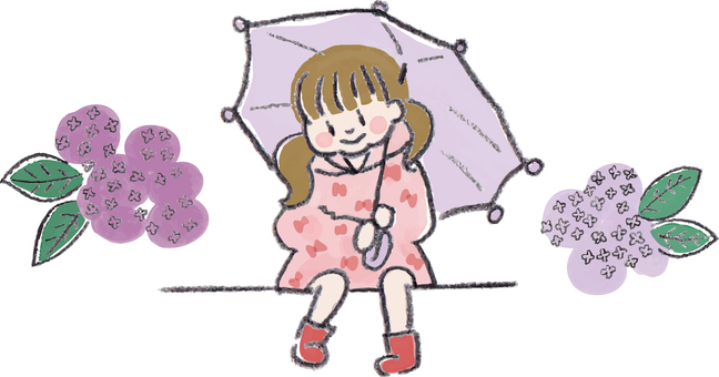 傘をさした女の子とあじさい 傘をさした女の子とあじさい 女の子,あじさい,レインコート,傘,こども,長靴,手描き風,挿絵,かわいい,雨の日のイラスト素材