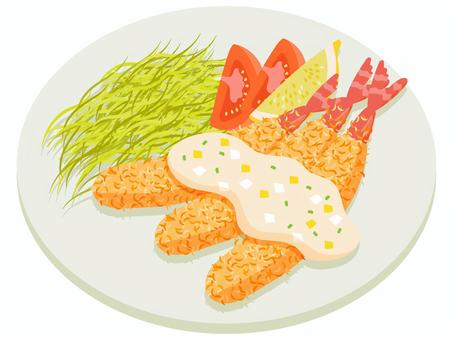 エビフライ2 エビフライ,エビ,タルタルソース,揚げ物,トマト,おかず,食べ物,フライ,ころも,料理のイラスト素材