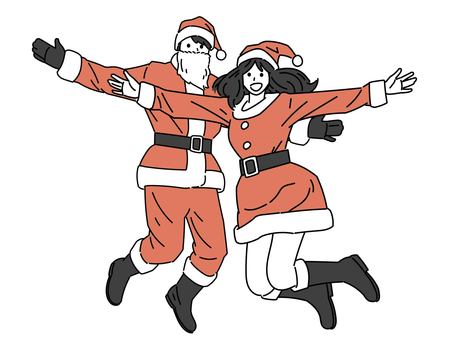 ジャンプするサンタ姿の男女 クリスマス,男性,女性,サンタ,コスチューム,ジャンプ,ポーズ,サンタクロース,イベント,全身のイラスト素材
