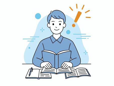 勉強しながらアイデアを思いつく男性 勉強,アイデア,思いつく,ひらめき,発想,創造,学習,問題解決,スキルアップ,知識のイラスト素材