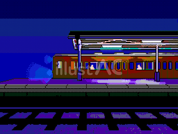 レトロゲーム風ドット絵・停車中の夜行列車 ドット絵,駅,線路のイラスト素材