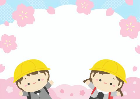 入学式の子どもと桜のイラスト02 桜,春,花,入学,入学式,小学生,子ども,人物,男の子,女の子のイラスト素材
