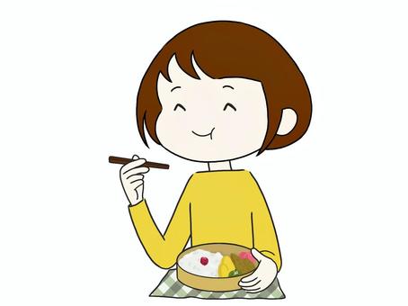 お弁当を食べる人 お弁当,手づくり,曲げわっぱ,弁当箱,包み,ランチョンマット,人物,日の丸,卵焼き,お箸のイラスト素材