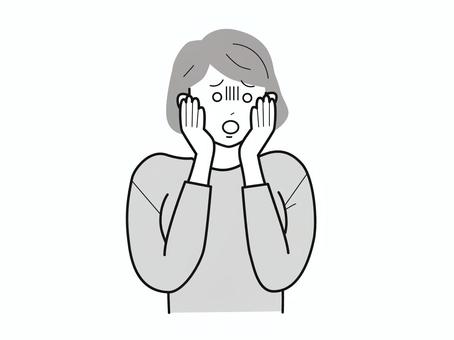 手を頬に当て青ざめる女性2／白黒 上半身,長袖,両手,頬,青ざめる,女性,お母さん,ママ,学生,社会人のイラスト素材