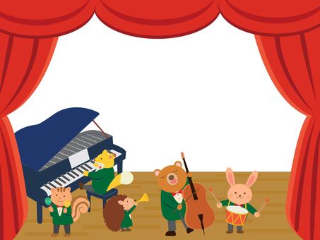 コンサートホール　動物の演奏会 コンサート,レッドカーテン,動物,演奏,かわいい,赤幕,ステージ,コピースペース,クマ,リスのイラスト素材