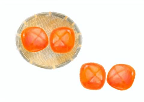 柿A 柿,食材,秋,ざる,美味しい,オレンジ,水彩,素朴,のどかな,優しいのイラスト素材