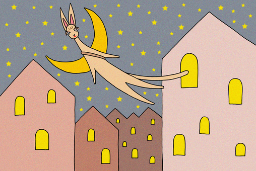 三日月を背負う猫 三日月を背負う猫 猫,三日月,きらきら星,街,家屋,窓明かり,星,星空,夜空,動物のイラスト素材