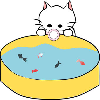 にゃんこさんの金魚すくい 猫,にゃんこ,ねこ,動物,金魚,金魚すくい,縁日,夏祭りのイラスト素材