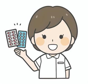 お薬と女性(看護師) 女性,薬,社会人,看護師,薬局,白衣,ヘルパー,病院,歯科医,笑顔のイラスト素材