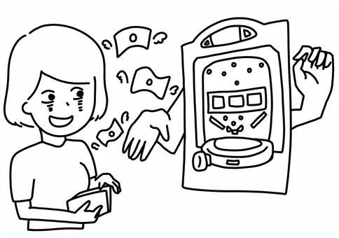 パチンコにお金を出す中毒女性　線画 パチンコ,ギャンブル,中毒,依存症,女性,お金,線画のイラスト素材