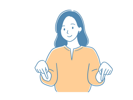 下を指さししてチェックを促す女性 指さし,女性,下,案内,説明,こちら,チェック,笑顔,提案,プレゼンテーションのイラスト素材
