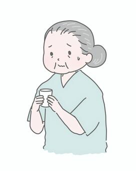 胃カメラ検査の前処置をする高齢女性 胃カメラ,内視鏡検査,前処置,健康診断,高齢者,おばあさん,不安,緊張,医療,病院のイラスト素材